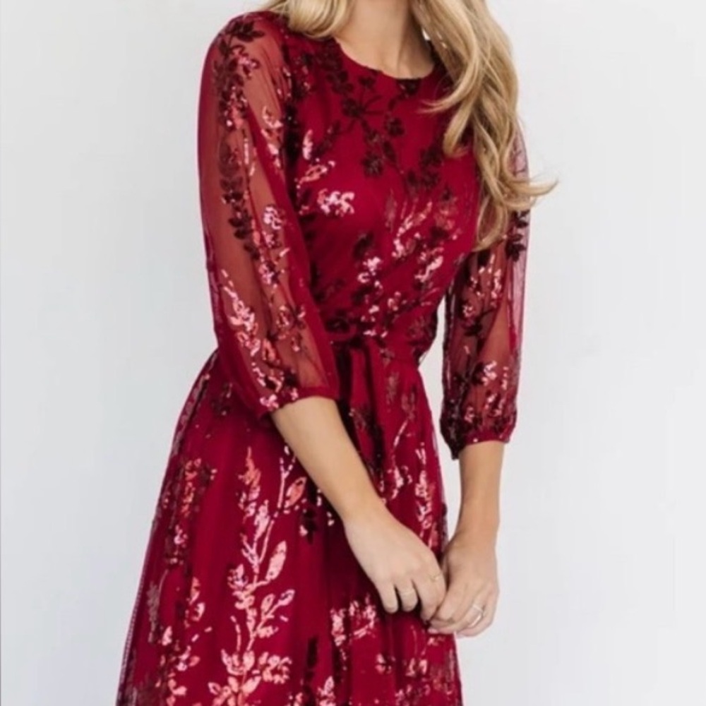 Baltic Born Red Floral Embroidered Mesh Sequin Maxi Dress